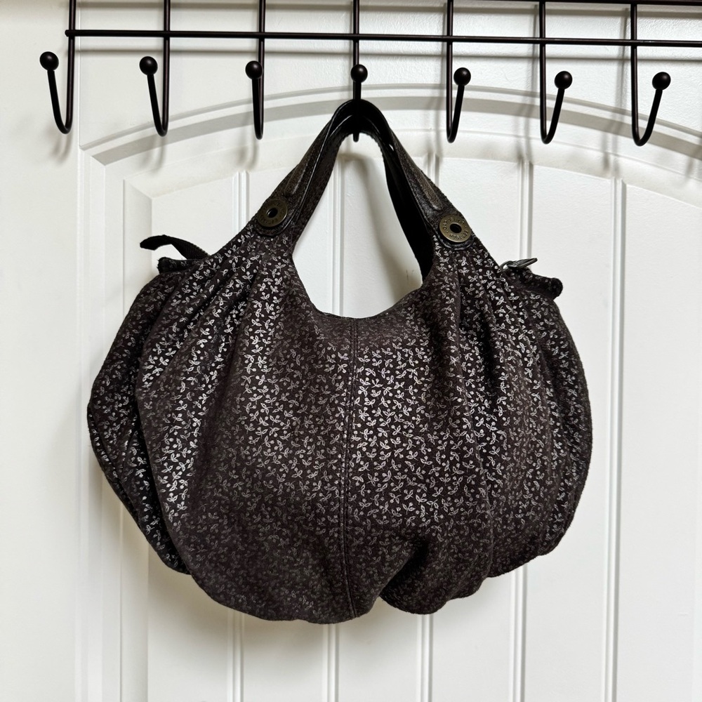 VTG '06 Gap Suede Double Handed Hobo Bag In Brown Floral Print. 14"x10"x1"